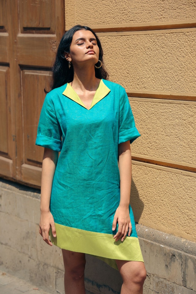Pure Linen Asymmetric Dress - Aqua 