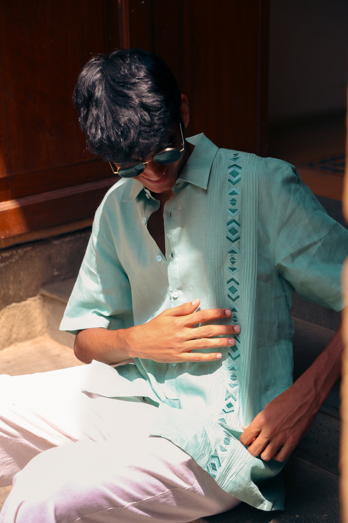 Linen Embroidered Shirt - Sage Green