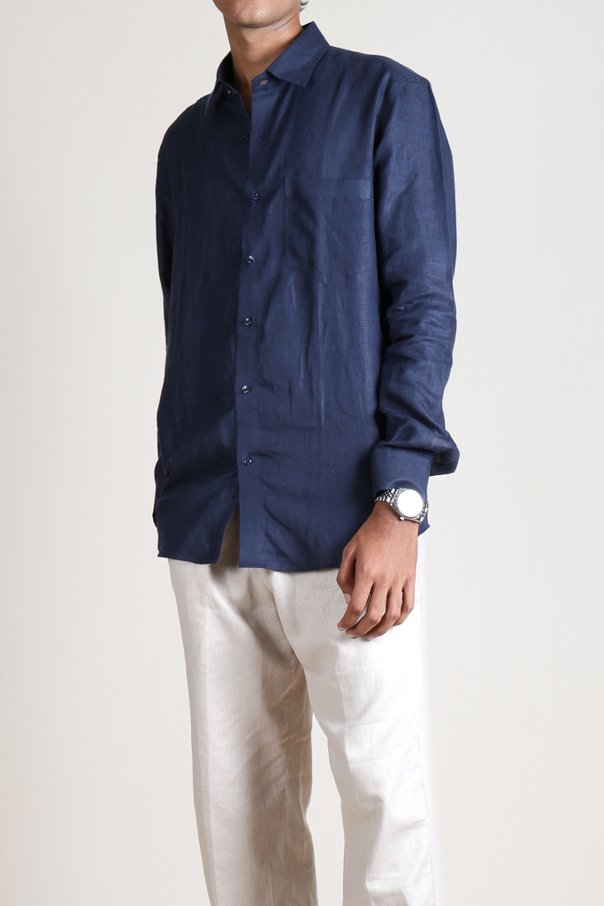 Linen Full Sleeve Shirt - Navy Blue