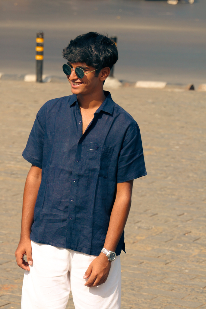 Linen Shirt Half Sleeves - Navy Blue