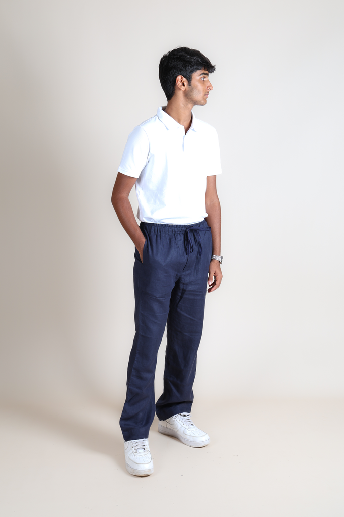 Linen Casual Trousers - Navy Blue