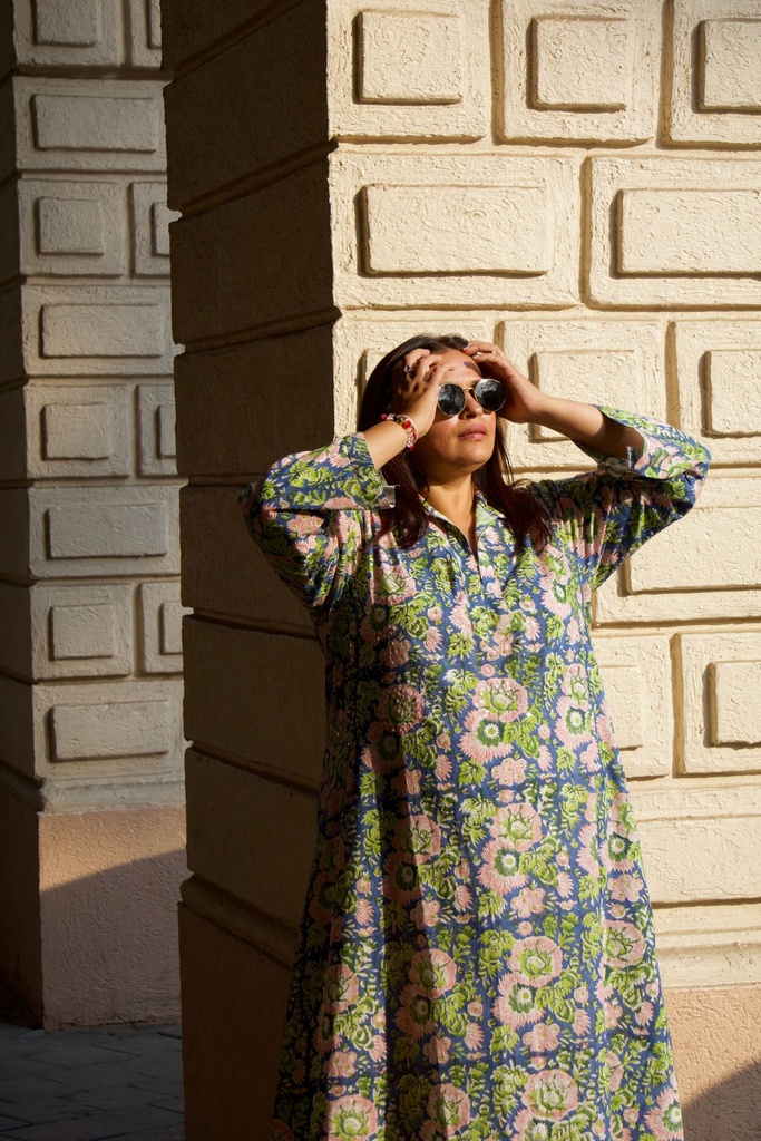 Cotton Hand Embroidered Dress - Blue 