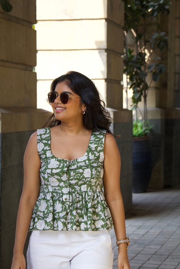 Printed Scoop Neck Top - Green