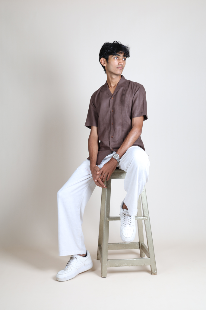 Linen Resort Collar Shirt - Brown